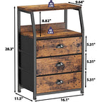 Furnulem Nightstand with 3 Drawers and 2-Tier Shelf, Fabric Small Dresser Organizer Vertical Storage Tower for Bedroom, Closet, Hallway, Nursery, End Table Side Furniture, Sturdy Steel Frame, Wood Top - color: Rustic Brown, style: 3 Drawers
