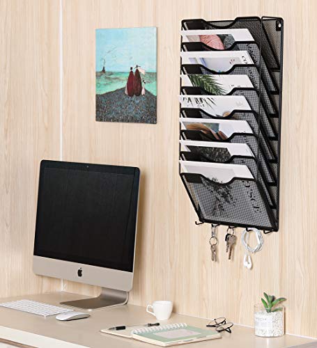 EasyPAG 8 Pocket Mesh Wall File Organizer with Key Hooks, Hanging Paper Folder Holder with Classify Label, Vertical Wall Mount Mail Organizer for Office Home Classroom, Black - color: Black with Hooks, size: 8 Tier