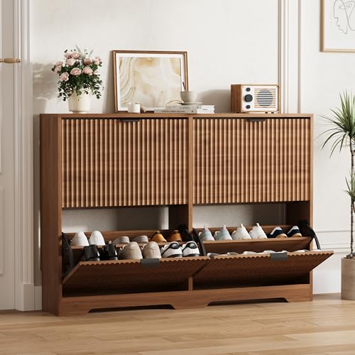 Shoe Cabinet Storage for Entryway with 4 Flip Drawers, Walnut Fluted Shoe Cabinet with Adjustable Shelves, Wooden Hidden Shoe Rack Freestanding Narrow Slim Shoes Storage for Hallway, Entrance - color: Walnut, size: 4 Drawer