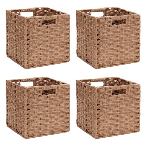 DULLEMELO Wicker Storage Cubes - Foldable Wicker Baskets Set of 4, 11x11x11 inch for Organizing Closet, Clothes, Toys - Brown - color: Woven-Brown, size: 11"-4 pack