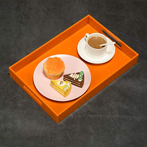 KEVLANG Orange Sturdy Acrylic Serving Tray with Handles-10x15Inch-Serving Coffee,Food,Breakfast,Butler-Kitchen Countertop Tray-Makeup Drawer Organizer-Vanity Table,Ottoman Tray-Decorative Tray - color: Glossy Orange, size: 15" x 10" x 2"