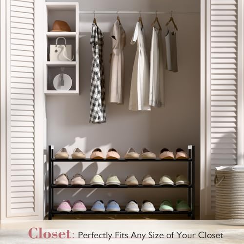 Bumusty 3-Tier Expandable Shoe Rack for Closet, 18“-33” Adjustable Shoe Rack for Small Space, Small Shoe Organizer for Front Door, Sturdy Metal, Black - color: Black, size: 3-Tier