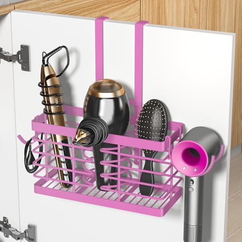 Sevenblue Hair Tool Organizer, 3-in-1 Universal Hair Dryer Holder, Adjustable Height Metal Blow Dryer Holder Wall Mounted/Over Cabinet Door/Free-Standing (Pink) - color: Pink