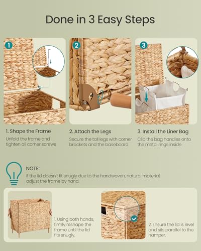 SONGMICS Laundry Hamper 3 Sections, 47.5 Gal. (180 L) Handwoven Water Hyacinth Wicker Laundry Basket with Lid, Natural Material, Removable Machine Washable Liners, Handles, Natural ULCB203Y01 - color: Natural, size: 180 L (Handwoven )