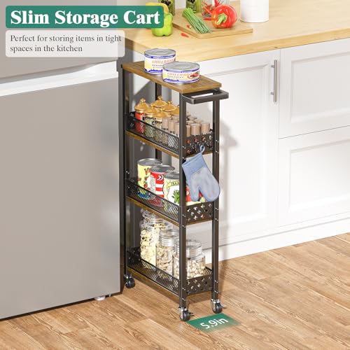 Giwil 4-Tier Slim Rolling Storage Cart for Kitchen Bathroom Organizer, Mobile Narrow Storage Cabinet Utility Cart with Wood Rack on Wheels for Pantry Laundry Small Space - size: Brown/Net Bar