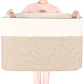 MINTWOOD Design 112L Extra Large Blanket Basket Holder Living Room, 25"x17"x16" Rectangle Rope Woven Storage Basket with Handles for Laundry, Pool Towels, Shoes, Dog Toy Organizer Bin Box, Light Brown - color: Light Brown