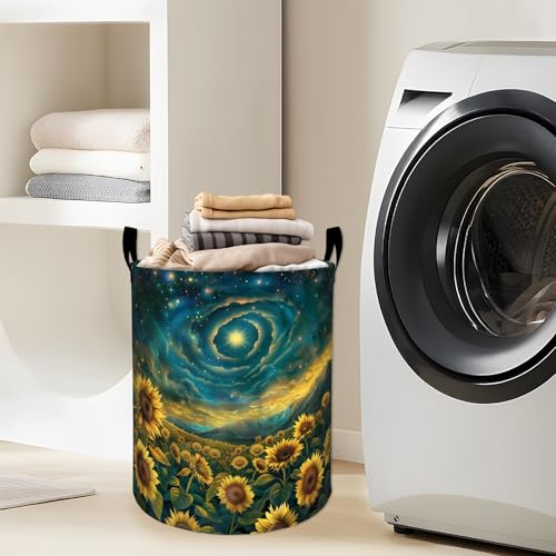 Starry Sky Sunflower Field Laundry Basket with Handles, 19.7"x15.7" Clothes Foldable Laundry Hamper Organizer for Dorm Nursery Bedroom Bathroom Decor, Toy Storage Bin for Kids - style: Sunflower33