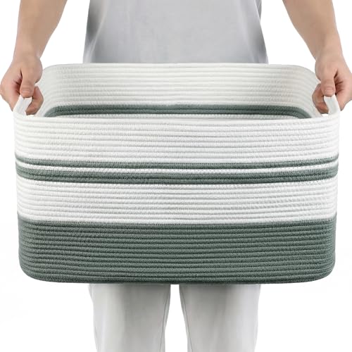75L Large Blanket Basket, 22"x17"x12"Rectangle Cotton Rope Woven Storage Basket with Handles, Laundry Hamper for Living Room, Nursery, Bedroom - Chemical-Free, Kid & Pet Safe - Sage Green - color: Sage Green/White