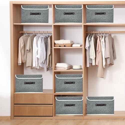 Storage Bin for Shelves Foldable Storage Organizing Basket with Lid&Handles Rectangle Closet Baskets,Gray Storage Bins, Storage Boxes for Home Office Car Dormroom - color: grey-lid
