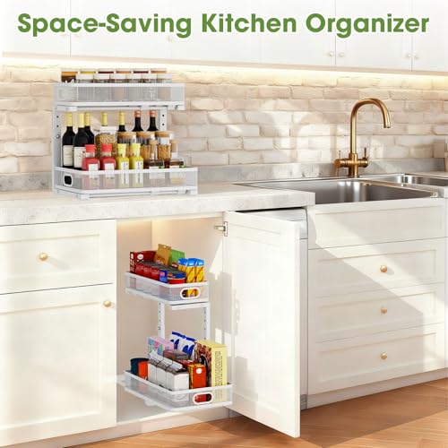 Under Sink Organizer 4-Pack, Metal 2-Tier Pull-Out Cabinet Shelf with Slide-Out Mesh Drawers, Height Adjustable, Space-Saving Storage Racks for Kitchen, Bathroom, Laundry Room, White - color: White-4 Pack