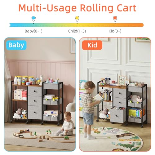 GYIIYUO Diaper Caddy Cart with Storage Fabric Drawers/Open Shelves, Baby Caddy Organizer, 3-Tier Rolling Utility Cart on Wheels for baby nursery essentials,bedside,makeup(Rustic Brown)