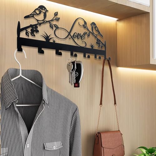 Metal Key Holder, Wall Mounted Key Hooks, Key Holder for Wall, Key Organizer Rack with 7 Hooks, Key Hanger Decor for Kitchen, Entryway, Hallway, Bedroom, Doorway (Birds 12IN) - color: Birds, size: 12 Inch