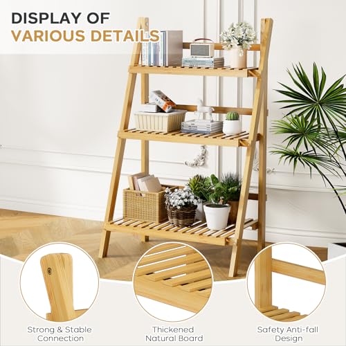 Foldable Ladder Shelf 39.4", Plant Shelf 3 Tier, Bamboo Ladder Flower Pot Display Shelf, Freestanding Ladder Bookshelf for Living Room, Balcony, Yard, Garden, 23.6"W x 15"D x 39.4"H, Natural - color: 3-tier Natural