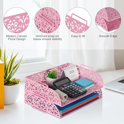 EasyPAG Paper Organizer for Desk 2 Tier Stackable Paper Tray for A4 Legal Size Folders Metal File Storage Desktop Organizer for Home Office School Teacher, Pink - color: Pink