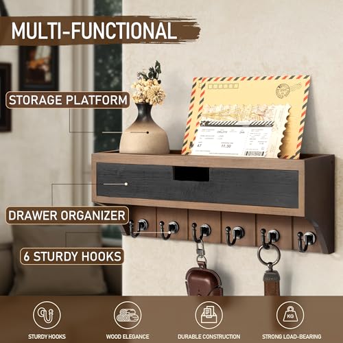Rebee Vision Pine Wood Key Holder Wall Mount with Drawer Organizer – Decorative Mail Organizer with 6 Key hooks and Wall Shelf - Modern Room Decor for Entryway or Living Room (Brown & Black) - color: Brown & Black, style: 1-Drawer