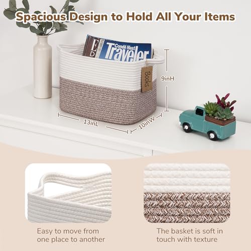 Goodpick Woven Storage Basket, Cotton Rope Baskets for Toys, Books, Small Baby Laundry Baskets with Handles, Rectangle Dog Toy Basket for Living Room, 13 x 10 x 9 Inches - color: Brown, size: 13"L x 10"W x 9"H