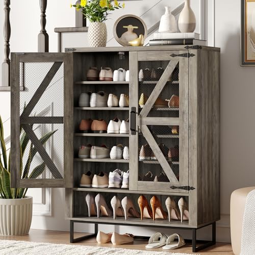 Maupvit 42.1" Farmhouse Shoe Cabinet with Ventilated Mesh Doors, 6-Tier Shoe Storage Cabinet with Adjustable Shelves & Metal Legs, Rustic Wooden Shoe Rack Organizer for Entryway, Hallway, Foyer, Grey - color: Grey