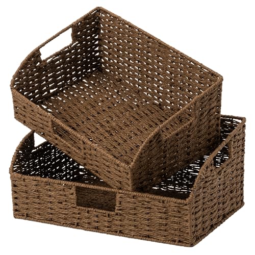 StorageWorks Pantry Baskets for Organizing, Paper Rope Storage Baskets for Shelves with Built-in Handles, Pantry Organizers and Storage, Brown, Set of 2 (Large and Medium) - color: Dark Brown(Paper Rope), size: 15¾"L x 11"W x 7½"H + 14¼"L x 9¾"W x 6¾"H