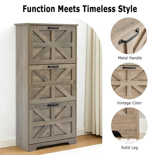 Shoe Storage Cabinet with 3 Flip Drawers, Farmhouse Shoe Organizer with Barn Door Design, Space-Saving Hidden Narrow Shoe Rack Cabinet for Entryway, Hallway & Foyer，Grey - color: Grey, size: 1 pcs-3 Flip Drawers