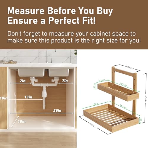 Bamboo Under Sink Organizer and Storage, 2 Tier Pull Out Cabinet Organizer, Slide Out Under Sink Storage Shelf, Undersink Organizers Shelves for Kitchen Bathroom Organization (Nature, 1 Pack)