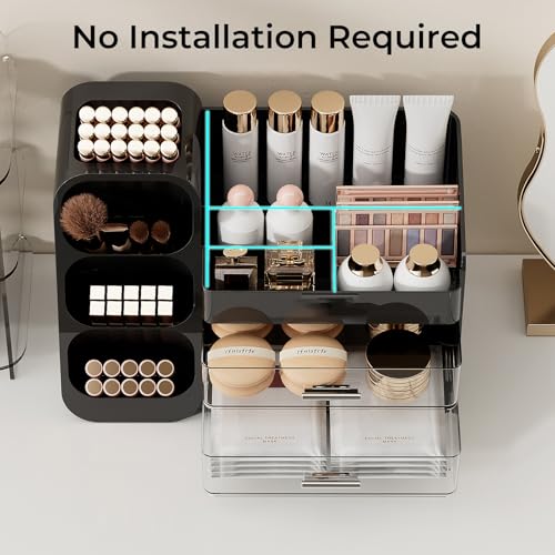 Makeup Organizer for Vanity with Brush Holder, Large Plastic Bathroom Countertop Skincare Organizer with 2 Drawers, Spacious Cosmetic Display Case for Perfumes, Eyeshadow Palettes, Nail Polishes - color: Black, size: Large