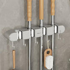 Mop and Broom Holder Wall Mount, 4 Racks and 5 Hooks Self Adhesive Garage Organizer Storage Tool Racks for Kitchen Garden Laundry (Grey)