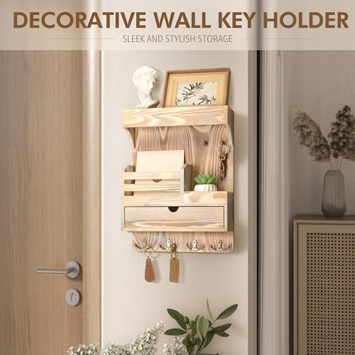 Rebee Vision Farmhouse Key Holder Wall Mount with Drawer Organizer – Wooden Mail & Key Organizer with 6 Strong Hooks & Wall Shelf – A Perfect Addition to Your Farmhouse Home Decor (Natural Wood) - color: Natural Wood, style: Large Drawer