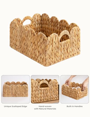 StorageWorks Scalloped Edge Wicker Basket, Hand-woven Rattan Baskets with Built-in Handles, Water Hyacinth Basket for Organizing and Decor, 2 Pack - color: Natural(Water Hyacinth), size: 15" L x 11" W x 7" H