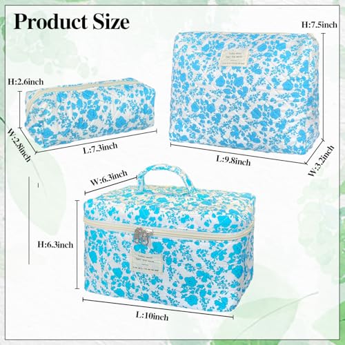 Lake Blue Large Quilted Floral Makeup Bag Set of 3 Cute Coquette Aesthetic Cosmetic Bag Set Travel Toiletry Bag for Women - color: B-3Pcs Lake Blue