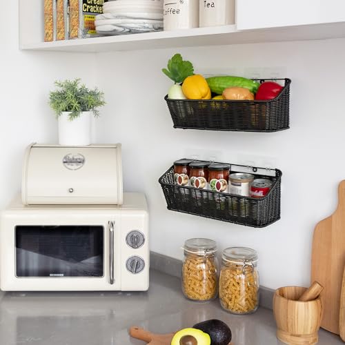 GRANNY SAYS Wicker Hanging Basket, 2 Pack Wall Basket for Kitchen, Fruit and Vegetable Storage Cabinet, Pantry Storage Spice Organization for Cabinet, Adhesive Shelf for Bathroom, Black - color: Black