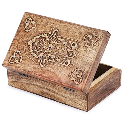 Ajuny Wooden Box with Hamsa Hand Carved Decorative Multipurpose Use Jewelry Organizer Travel Treasure Chest Trinket Holder Gift - 8 X 5 Inch - style: Hamsa Hamsa