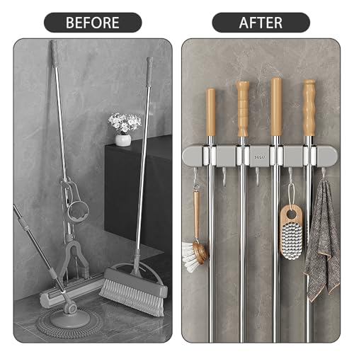Mop and Broom Holder Wall Mount, 4 Racks and 5 Hooks Self Adhesive Garage Organizer Storage Tool Racks for Kitchen Garden Laundry (Grey)