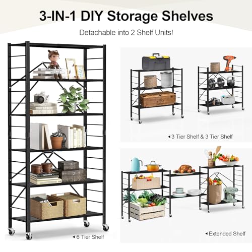 Himix 6 Tier Foldable Storage Shelves, Expandable Folding Bookshelf with Wheels, Changeable into 2 Shelf Units, Collapsible Adjustable Storage Rack Metal Shelves for Garage, Kitchen, Black - color: Black, size: 6-Tier