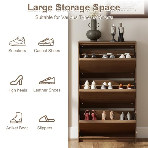 Shoe Cabinet with 3 Flip Drawers, 23.62" W Narrow Shoe Storage Cabinet for Entryway, Slim Shoe Organizer with Adjustable Shelves, Freestanding Shoe Rack for Hallway, Living Room, Walnut - color: Walnut, size: 9.45"D x 23.62"W x 45.47"H