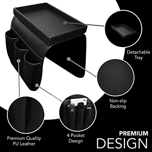Couch Remote Caddy Control Holder Sofa Organizer with Detachable Wooden Snack Tray for Recliner Mattresses Chair Armrests with 4 Slots - 1 Large Pockets and 3 Small Pockets (Black) - color: Black
