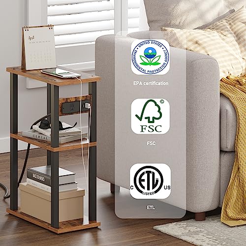 TUTOTAK Small Narrow Side Table with Charging Station, Skinny End Table for Small Spaces, Slim Nightstand with USB Ports and Outlet, Sofa Beside Table with Wheels, Brown TB01BB046 - color: Brown, size: 1 PC, style: With Plug
