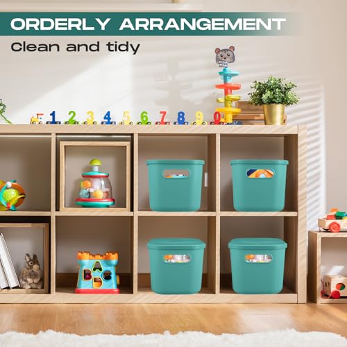 Hoolerry 8 Pieces Colorful Storage Bins with Lid, Plastic Storage Basket Organizing Container Stackable Box with Handle for Shelves Desktop Playroom Office(10.2 x 7 x 6.3 Inch,Green) - color: Green, size: 10.2 x 7 x 6.3 Inch
