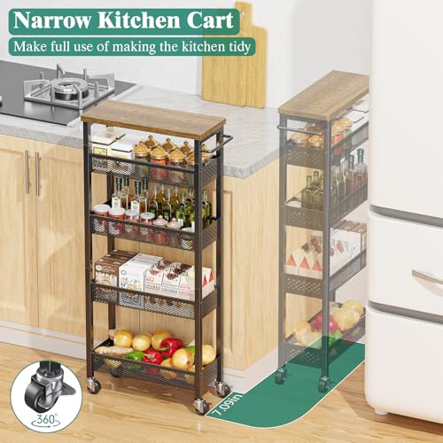 Giwil Slim Storage Cart 5 Tier Narrow Kitchen Rolling Cart on Wheels for Small Space, Metal Utility Cart Narrow Bathroom Storage Cabinet Mobile Shelf Unit Organizer with Wood Top and Handle, Black - color: Black, size: 5 Tier (W-7.1IN)