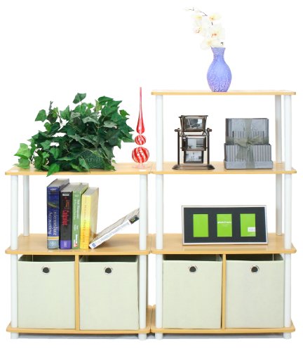 Furinno 99152BE/WH/IV 3-Tier Go Green Multipurpose Storage Rack Shelving Unit Bookshelf Cabinet with 2 Bins, Beech Finish - color: Beech/White, size: 3-Tier with Bin