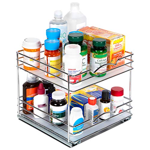 2 Tier Pull-Out Cabinet Spice Rack Organizer - Slim Slide-Out Storage for Spices, Bottles & Jars, Premium Heavy-Duty Steel, Easy Install for Narrow Kitchen Cabinets -10-1/2"Wx10-3/8"Dx8-7/8" H, Chrome - size: 10 Inch-Double