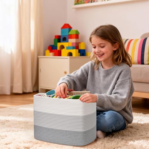 3 Pack Cube Storage Bin, 17”x12”x12” Cotton Rope Woven Baskets for Organizing Toys Clothes Towels, Square Gift Storage Baskets for Shelves, Nursery, Closet, Bathroom, Pantry (3-Tone Gray) - color: 3-Tone Gray, size: 17" x 12" x 12"