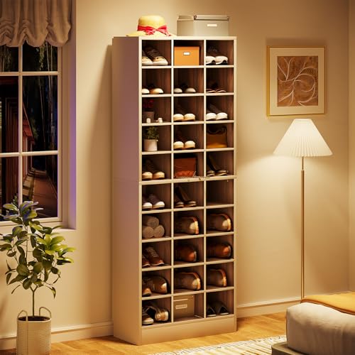 Tribesigns 10-Tier Shoe Storage Cabinet, White and Brown Wooden Shoe Rack with 30 Cubbies, Freestanding Tall Entryway Shoe Organizer for Closet, Entryway, Living Room - color: White & Brown