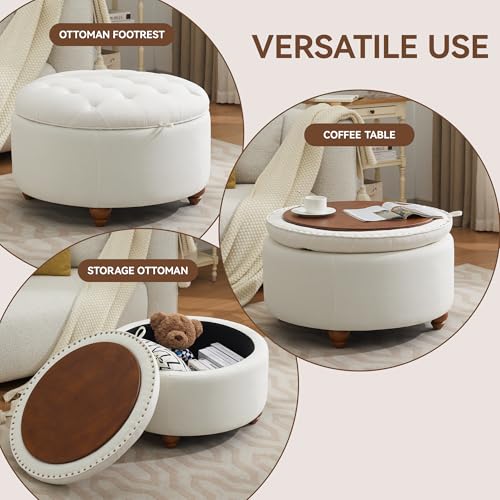 WUTUTUEE 30Inch Round Storage Ottoman with Tray, Modern Tufted Fabric Circle Coffee Table with Storage, Upholstered Ottoman with Removable Top for Living Room, Bedroom, Beige - color: Beige, size: 30 Inch