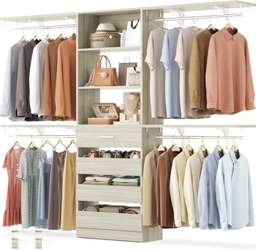 Aheaplus Closet System with Drawers, Wood Closet Organizer System with 4 Hanging Rods & Top Shelves, Walk-in Closets Organizer Wardrobe Clothes Rack, Cut Fits Spaces 4-9FT. Wide, White Oak - color: White Oak-1Set