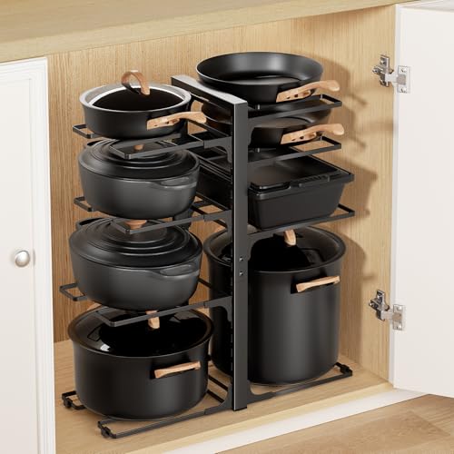 LAMU Pots and Pans Organizer under Cabinet 20.8" Height, 8 Tier Heavy Duty Pan Organizers inside Cabinet with Adjustable Pot Rack, Holds up to 120 LB for Stockpots Dutch Ovens and Cast Iron Cookware - color: B-Black-21" H, size: XL-8Tier-20.8“H