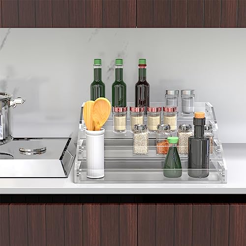 PMMASTO Widen Tiered Spice Rack, Seasoning Organizer, Clear Acrylic Vertical Shelves Can Organizer for Countertop, Cabinet, Pantry, Kitchen Organization and Storage - 4 Tier - size: Widen 4 Tier - inner width 3''