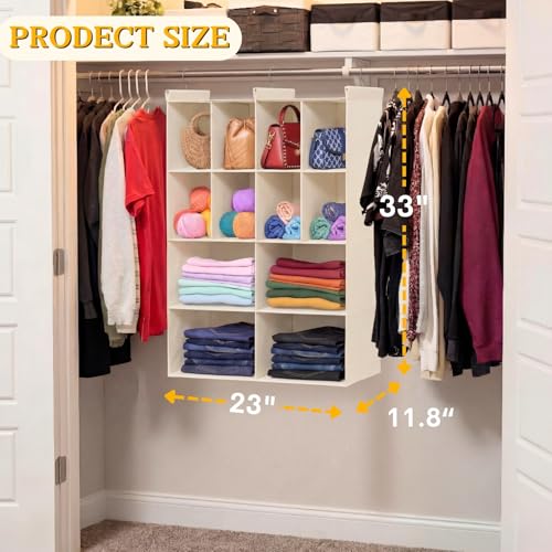 Ofiray-home 4 Tier Hanging Closet Organizer, 12 Compartments Sweater Organizer for Closet with 3 Sturdy Hooks, Closet Organizers and Storage, Wardrobe, Rv, Garment Rack, Beige - color: Beige, size: 4-Tier