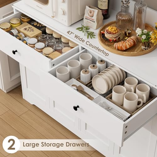 HIFIT 71" LED Kitchen Pantry Cabinet with Power Outlet, Large Kitchen Hutch Storage Cabinet with Arched Door & Shelves & 2 Drawers, Tall Modern Coffee Bar with Hutch for Home Dining Living Room, White - color: White