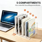 Acrylic Magazine File Holder, 5 Vertical Compartments Desk Document Sorter Organizer, Clear Bookend File Sorter Holder for Office, Documents, Tablets, Magazines, Books - size: B5 File Rack (5 slots)