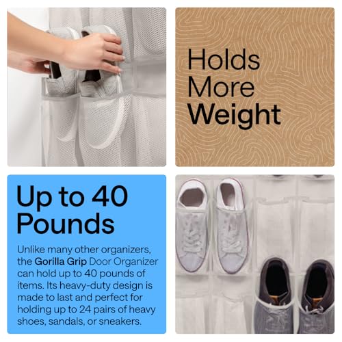 GORILLA GRIP Over the Door Shoe Organizer, 24 Large Breathable Mesh Pockets, Space Saving Hanging Storage Holder, Closet Rack Hanger Holds Up to 40 lbs, Hangs on Closets for Shoes, Accessories, Linen - color: Linen, size: 24 Pockets/4 Hooks